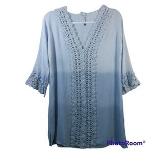 Kiwi & Punch Blue Ombre Crochet Eyelet Lace Tunic Top Size M